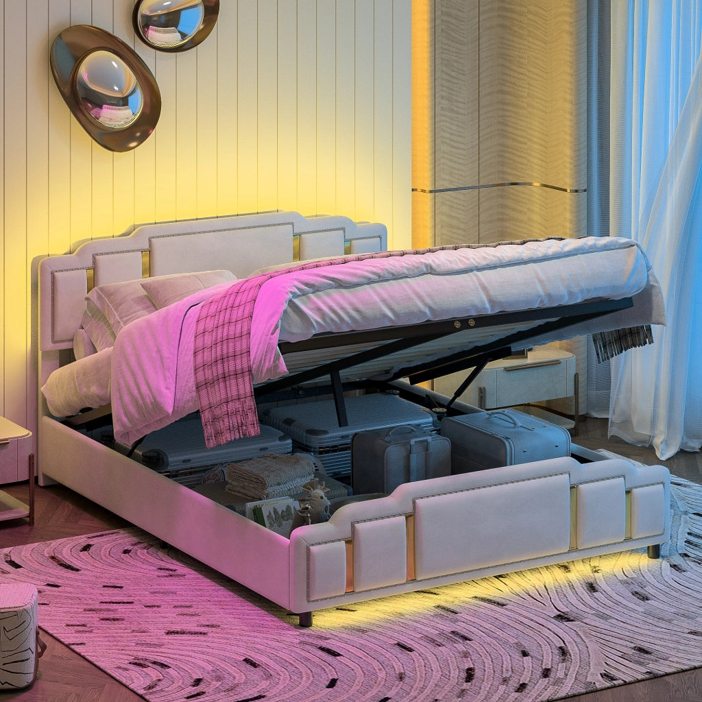 Letto contenitore matrimoniale 160 × 200 cm con sollevamento idraulico, LED e senza materasso, in velluto beige