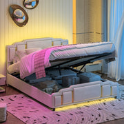 Letto contenitore matrimoniale 160 × 200 cm con sollevamento idraulico, LED e senza materasso, in velluto beige