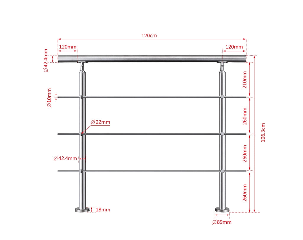 Ringhiera Balaustra Corrimano in acciaio inox 304 spazzolato 120x106cm per interni ed esterni 3 barre trasversali