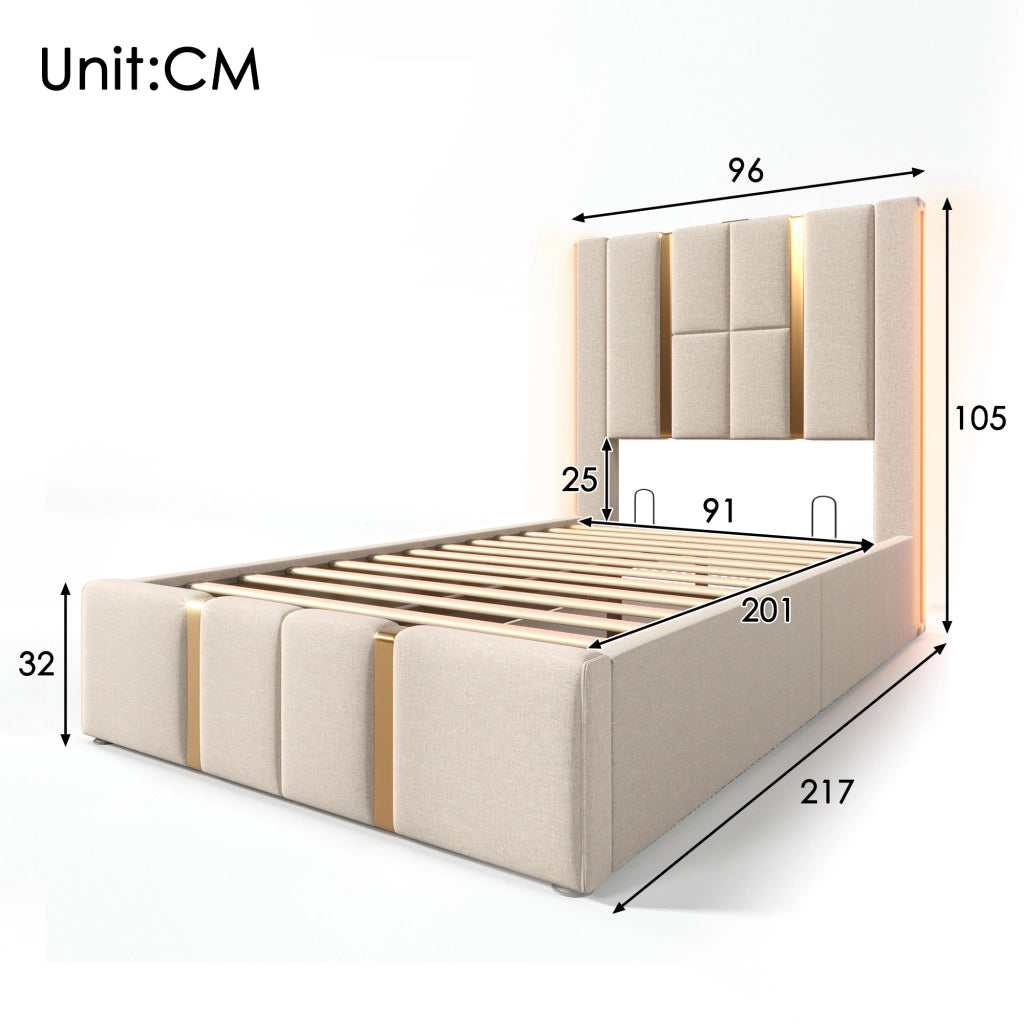 LETTO Contenitore 90x200 cm Beige in lino con LED e ricarica USB Type C