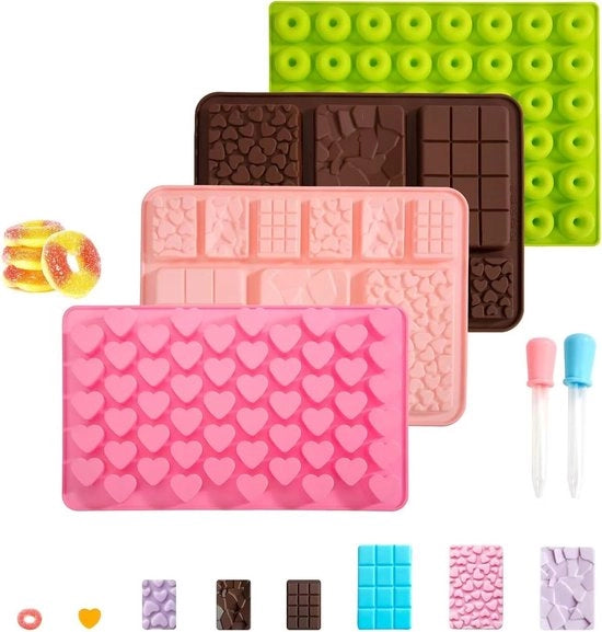 4 pezzi di forme di cioccolato in silicone - forme a cuore - inclusi 2 siringhe