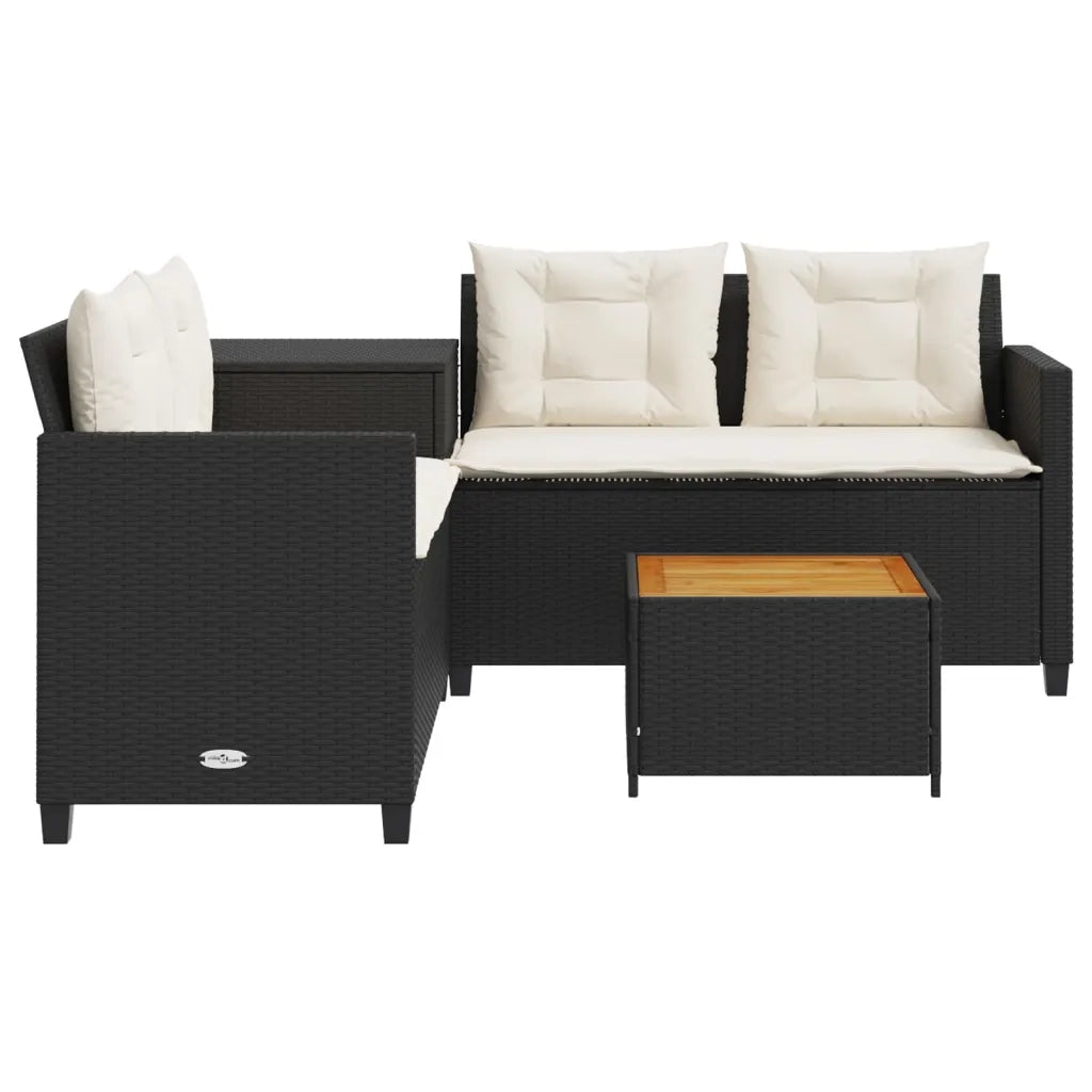 Divano da Giardino con Tavolo e Cuscini a L Nero in Polyrattan