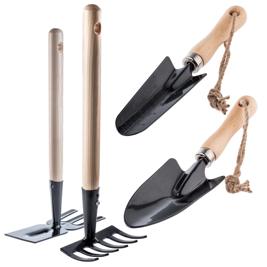 Set di attrezzi da giardino KADAX 4 in 1: pala, zappa, rastrello, artigli per il terreno