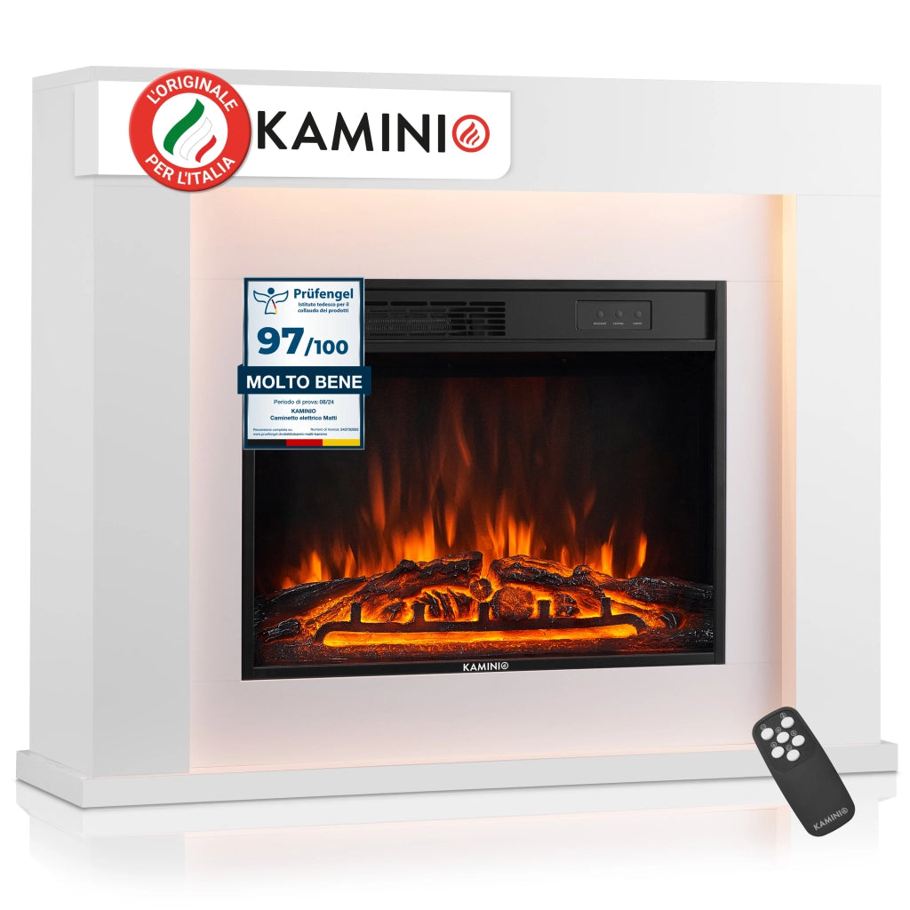KAMINIO Camino elettrico MATTI - Caminetto da pavimento con riscaldamento, effetto fiamma 3D, luce ambiente a LED, telecomando - 38 pollici, Bianco