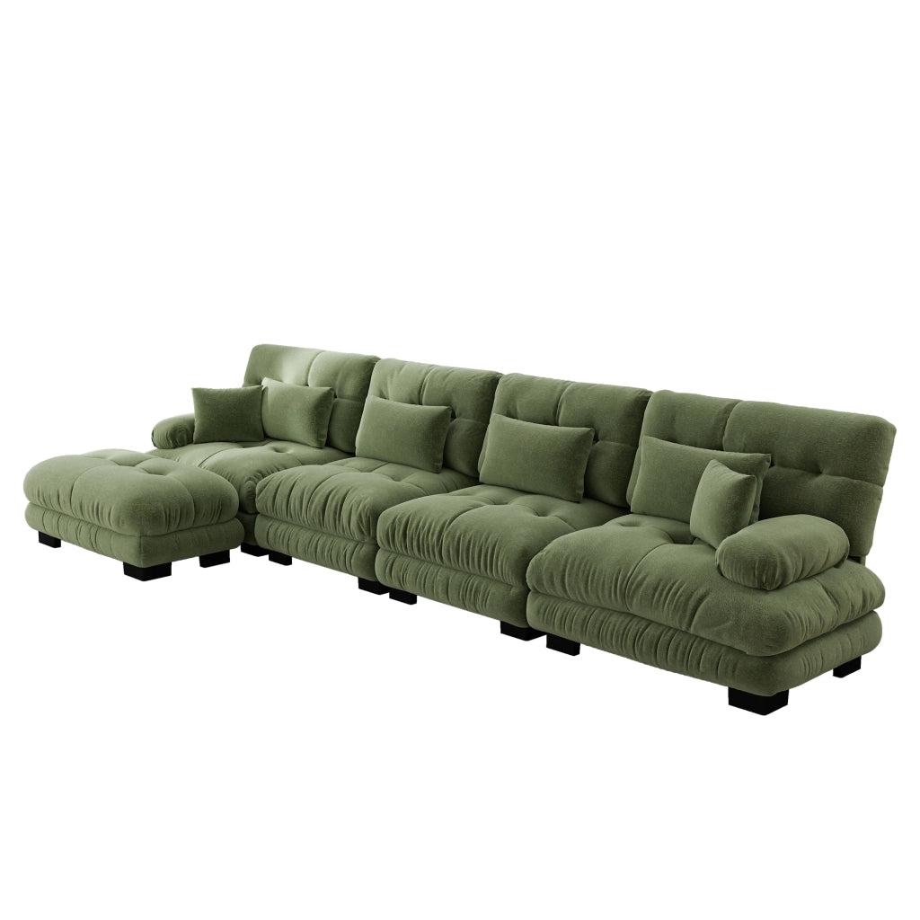 Divano angolare modulare 4 posti con pouf mobile e cuscini in ciniglia verde per soggiorno 406 × 145 × 81 cm