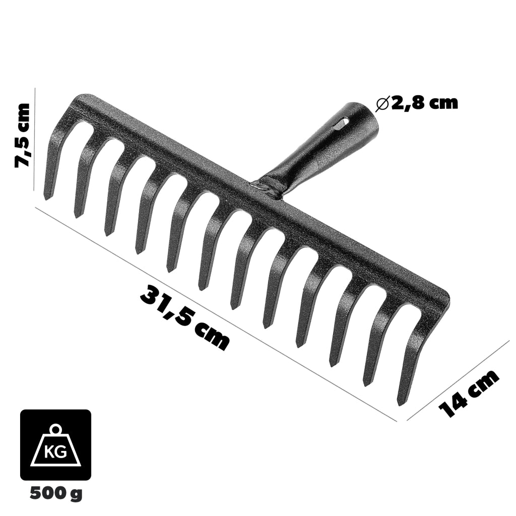 Rastrello per foglie in acciaio KADAX a 12 denti, senza manico, per terra ed erba.