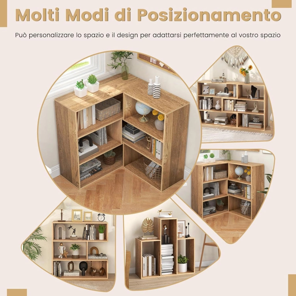 Libreria a Forma Convessa, Scaffale Aperto a 3 Ripiani in Legno, Scaffale da Esposizione con Dispositivo Antiribaltamento, per Soggiorno Ufficio Camera da Letto