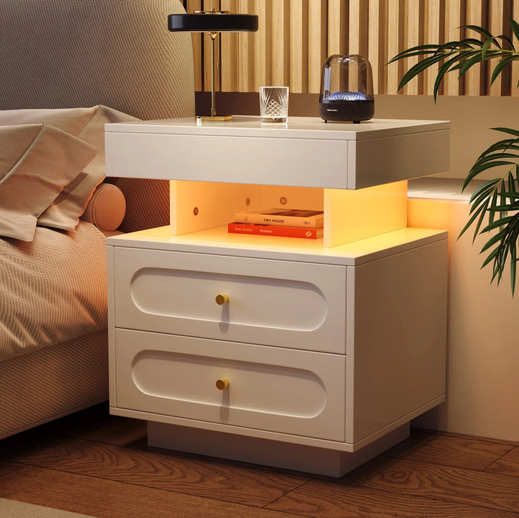Comodino 50x40x60 cm con illuminazione LED a 3 colori; cassetto spazioso; truciolare bianco