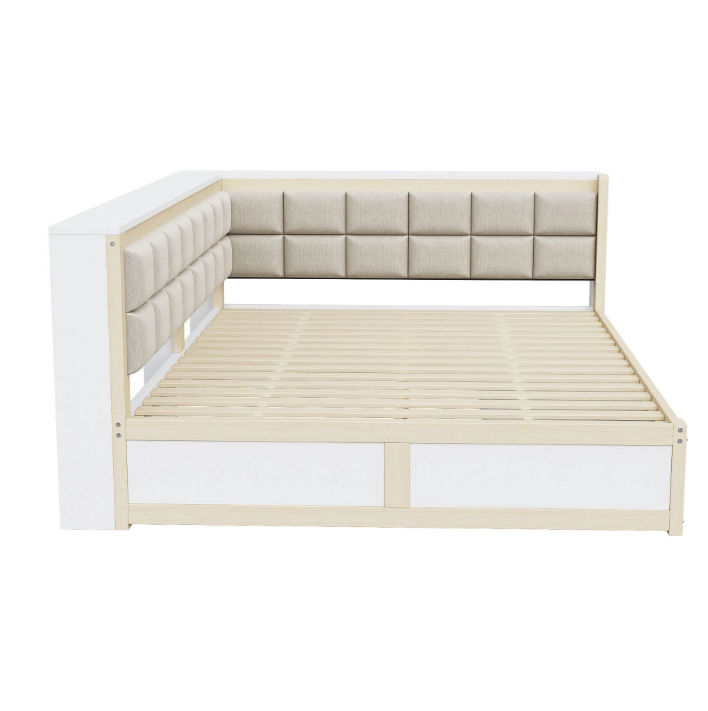 Divano letto 140x200 cm con schienale morbido e 2 cassetti in legno colore naturale
