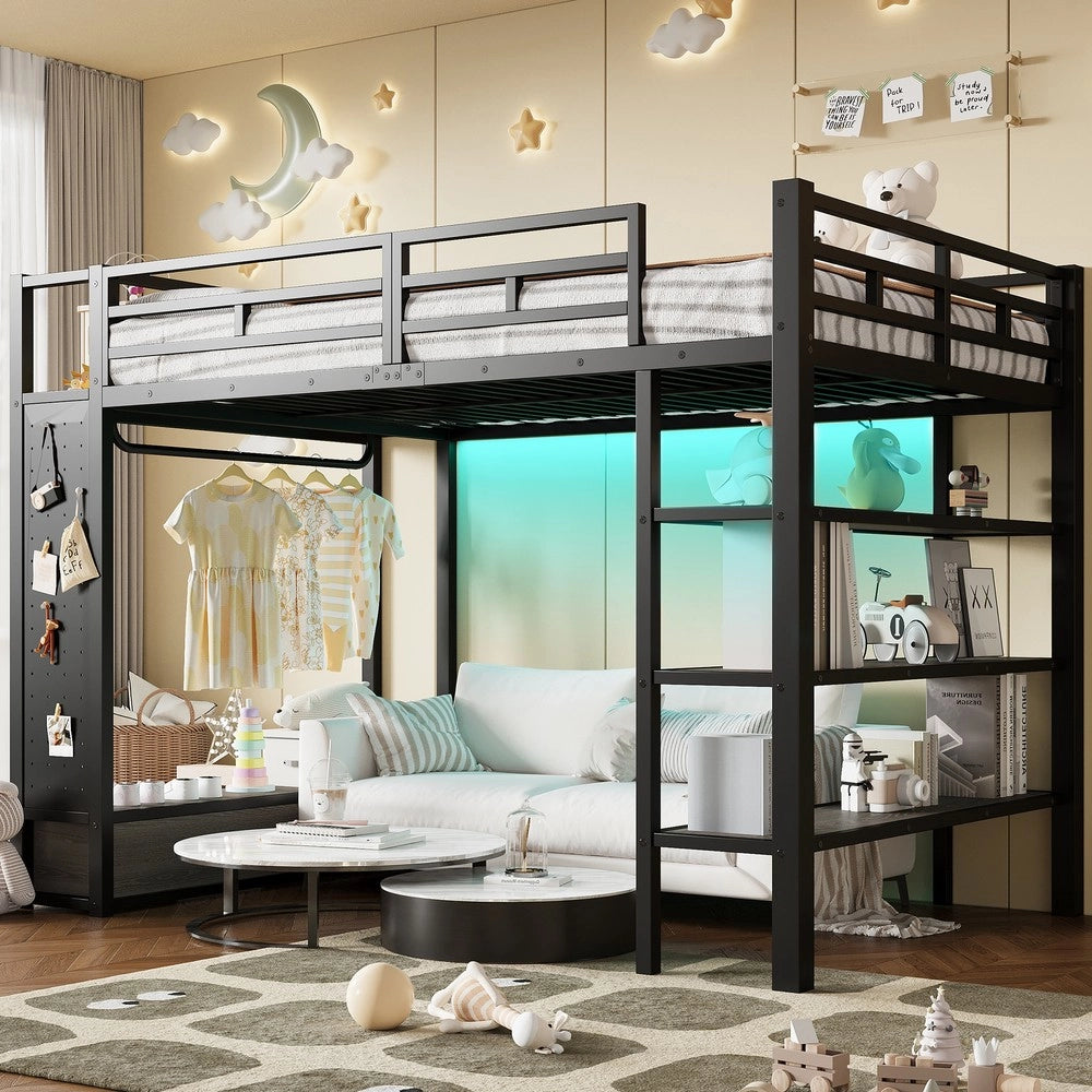 Letto a Soppalco 140x200 con Armadio, Ripiani, Pannello Forato e LED ¨C Xylo ¨C Nero Metallo
