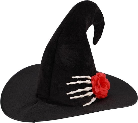 Cappello da Strega per Adulti con Disegno di Rosa e Schede - Accessori di Costume per Halloween - Cappello da Strega Nero per Festa di Halloween