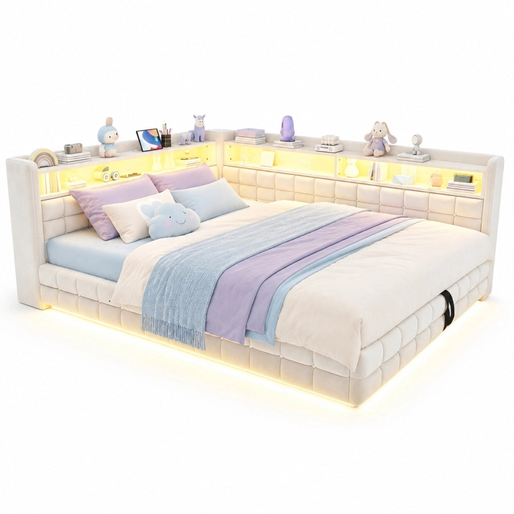 Divano letto 140x200 cm con contenitore idraulico, LED e prese USB-C in velluto beige