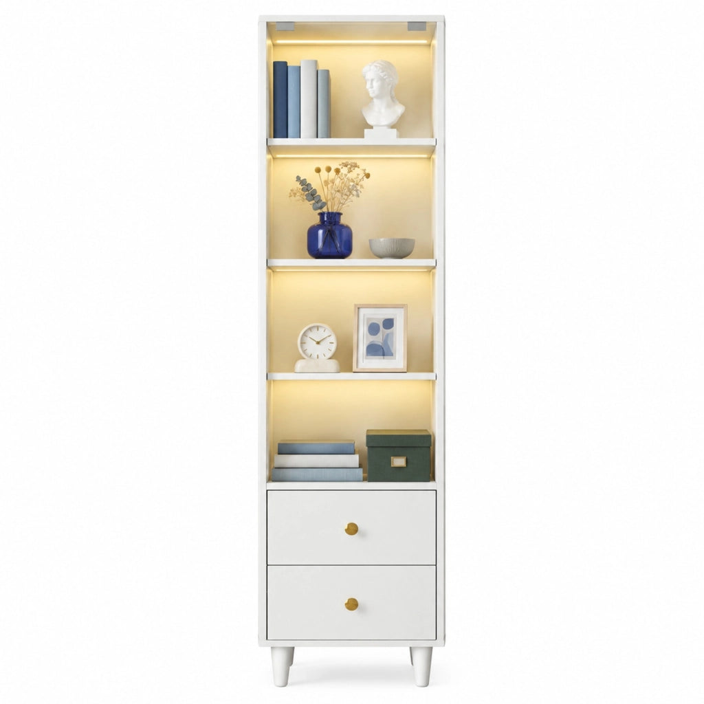 Vetrina bianca in MDF e vetro con illuminazione LED; 2 cassetti
