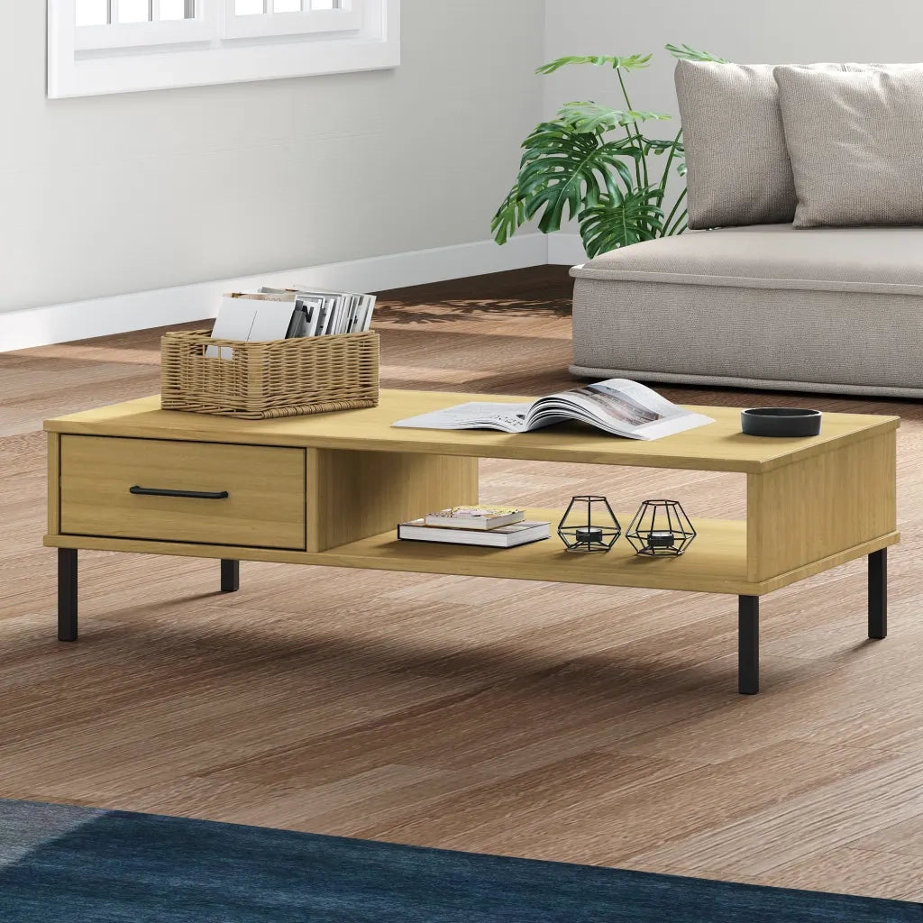 Tavolino Salotto-Tavolino da soggiorno-Tavolo Gambe Metallo Marrone Legno Massello Pino OSLO