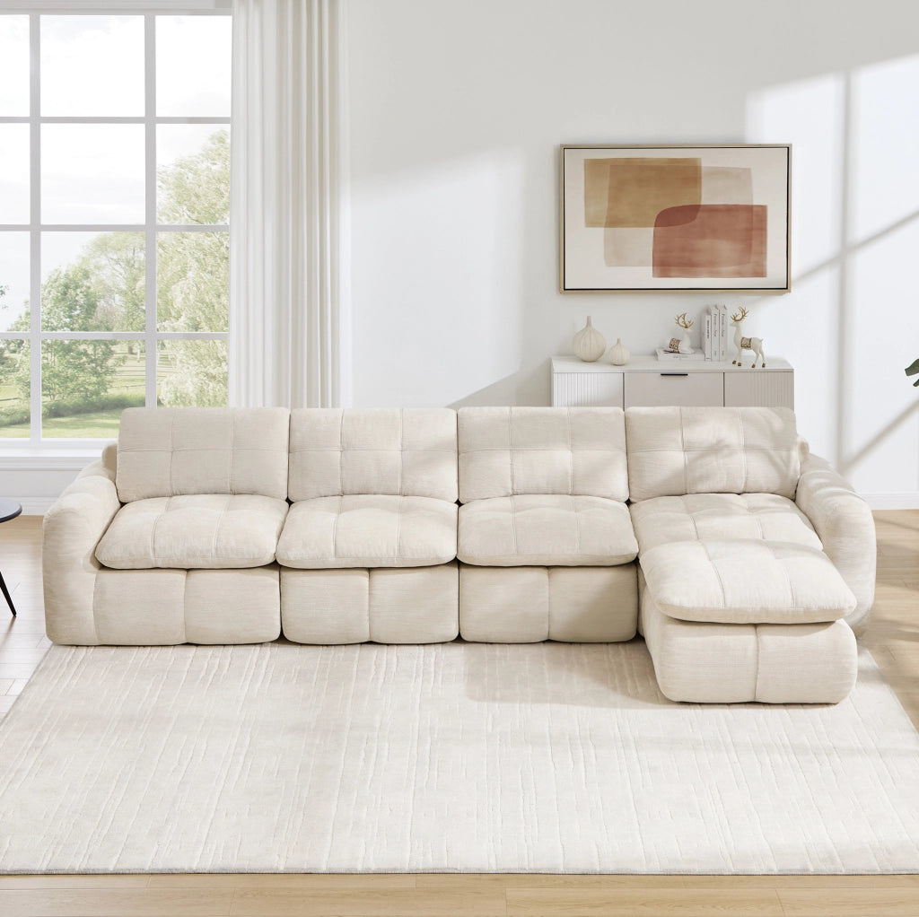 Divano modulare angolare in chenille beige 334x160x68 cm con pouf; senza montaggio