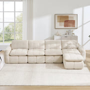 Divano modulare angolare in chenille beige 334x160x68 cm con pouf; senza montaggio
