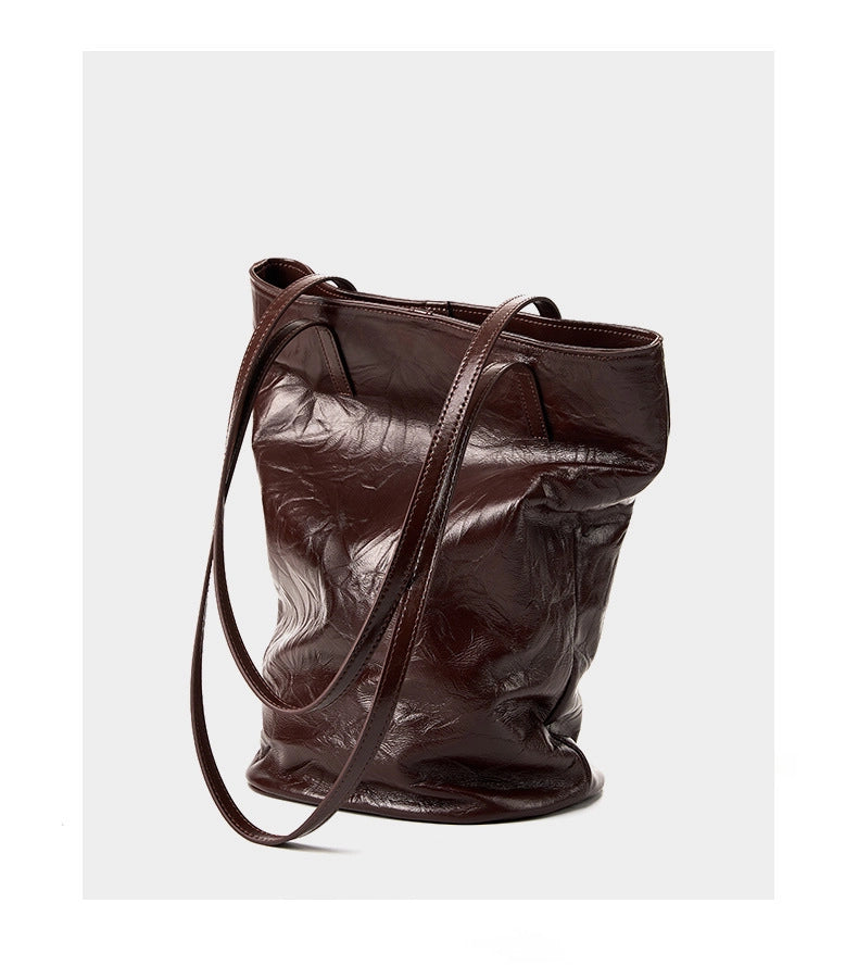 Borsa a secchiello da donna in pelle di vacchetta, grande capacit¨¤, stile retr¨°, borsa a tracolla, marrone