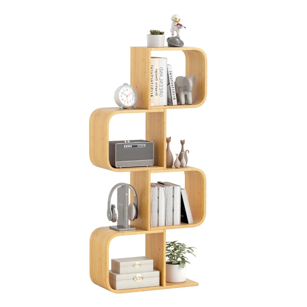 Libreria a 4 ripiani a forma di S 23 x 61 x 133,5 cm spazio aperto design moderno bambù naturale 20_0010664