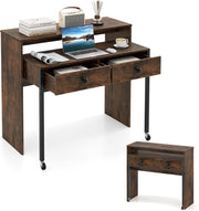 Scrivania per computer con piano estensibile, 100 x 63 x 88 cm, 2 cassetti e ripiano aperto, design compatto con ruote, tavolo da lavoro per camera da letto, ufficio (marrone)