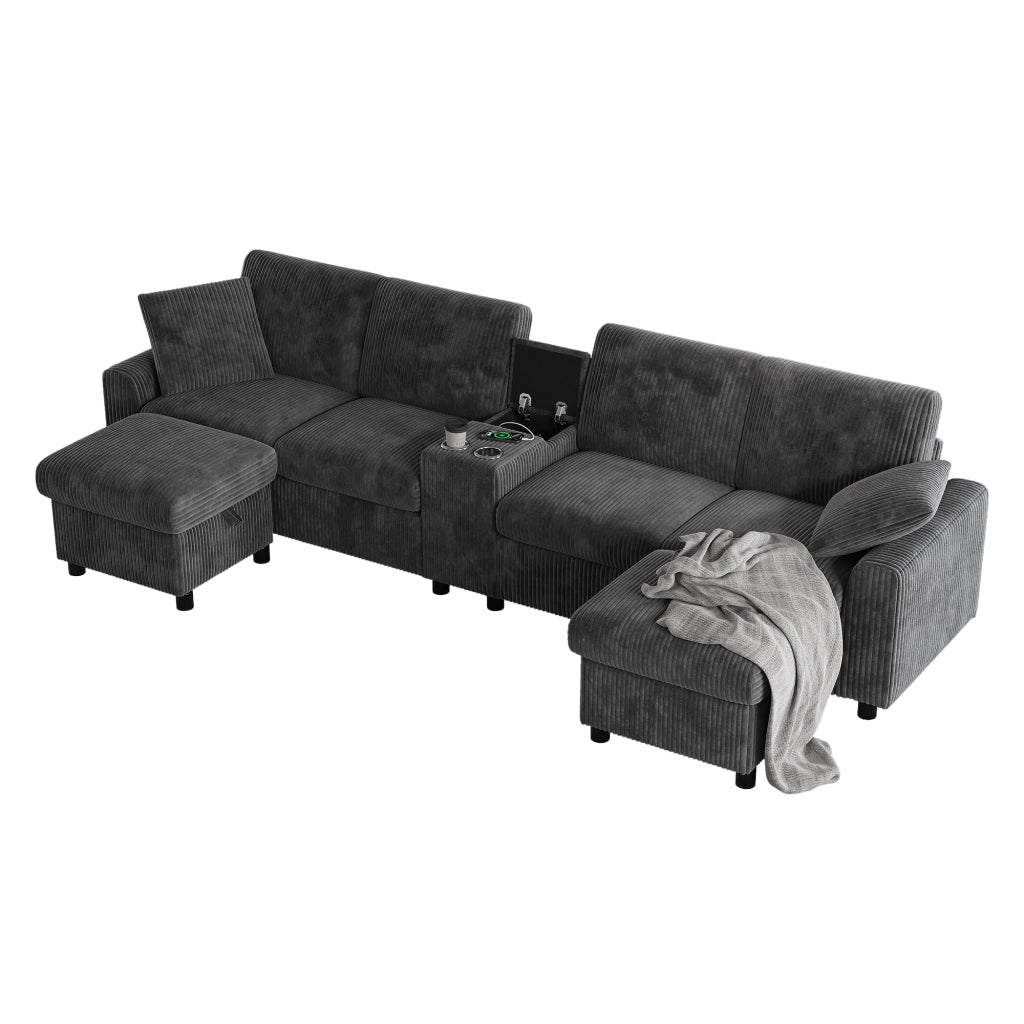 Divano panoramico a U con 2 pouf contenitore, tavolino, 1 USB, 2 Type-C e 2 prese, in velluto a coste Grigio, 315 × 135 × 81 cm