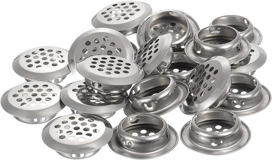 Set di 20 griglie di ventilazione circolari, 25 mm, acciaio inossidabile, griglia a mazza, circolare, griglia di ventilazione soffitto per TV, armadio, colore argento
