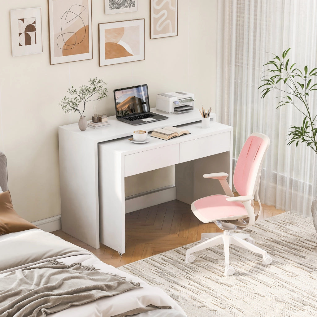 Scrivania pieghevole multifunzionale 2 in 1 con 2 cassetti e ruote, bianco, per studio e camera 110 × 40 × 78 cm