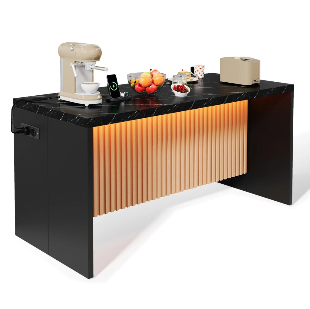 Isola cucina 155x80x90 cm effetto marmo nero con LED; prese elettriche e USB; in MDF