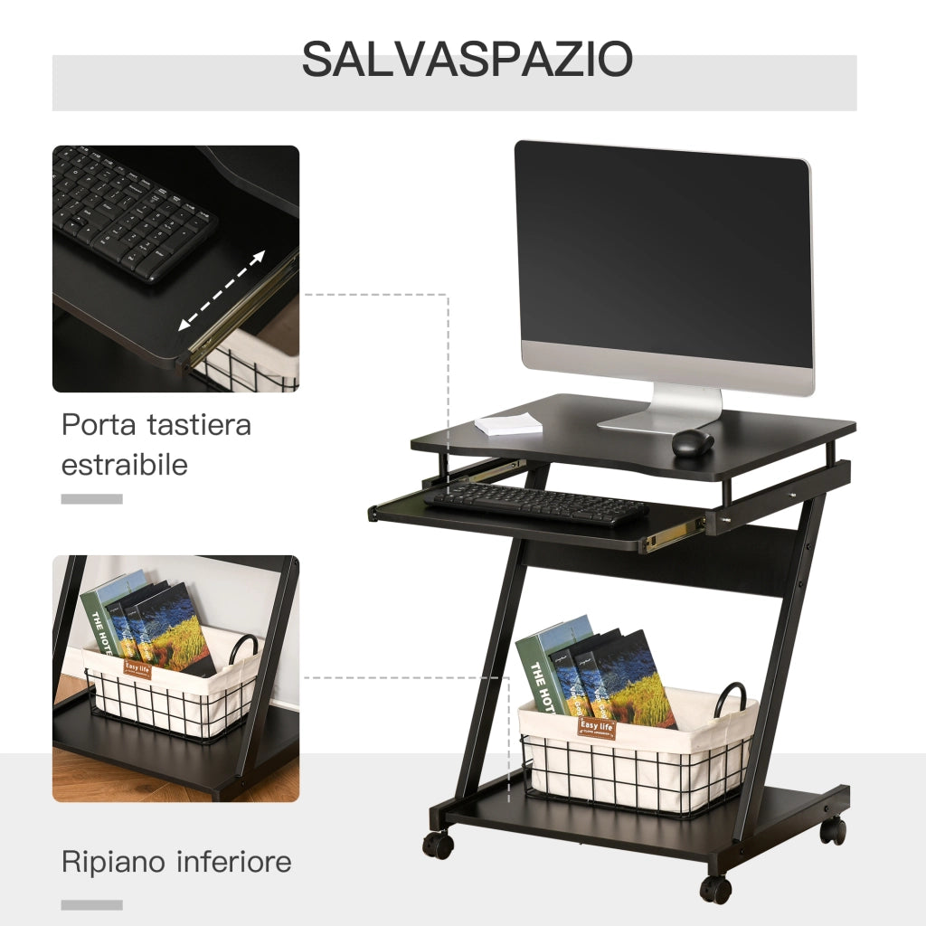 EasyComfort Scrivania Salvaspazio con Piano Tastiera a Scomparsa, 4 Ruote e Ripiano Inferiore, 60x48x73 cm, Nero