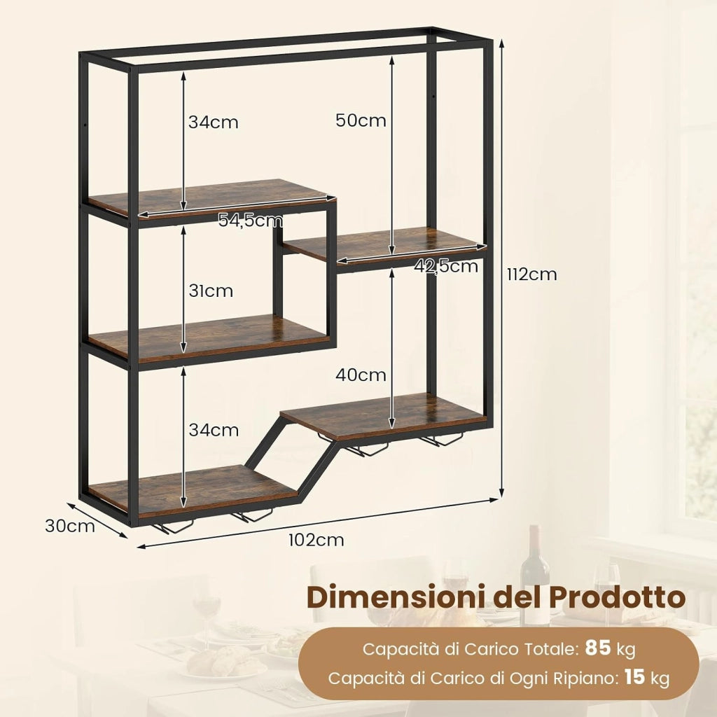 Portabottiglie da Parete, Portabottiglie di Vino Industriale in Metallo e Legno con 6 Mensole a Doppio Lato, Espositore Cantinetta Sospeso per Bar, Cucina e Ristorante, 102 x 30 x 112 cm