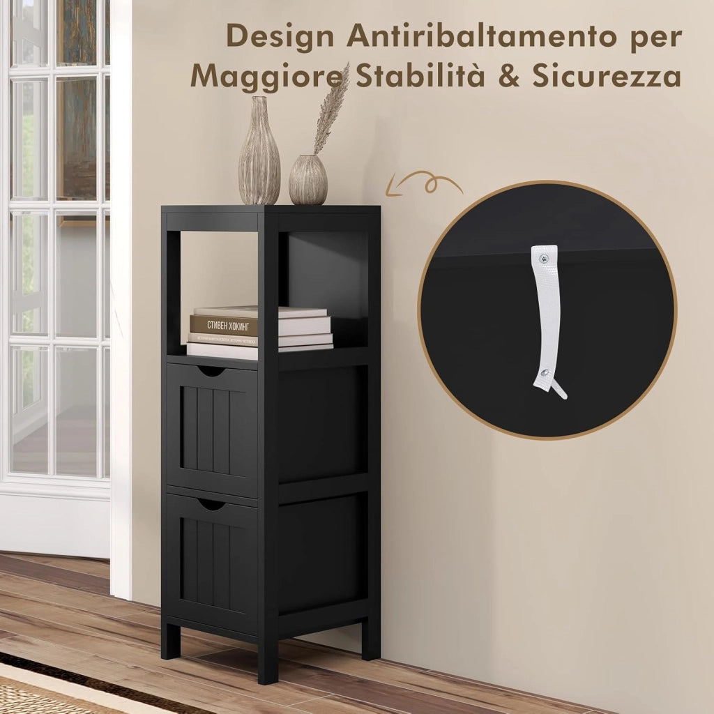 Mobile da Bagno, Mobile da Terra con 2 Cassetti e Vano Aperto, con Design Antiribaltamento, per Bagno, Camera da Letto, Salotto e Cucina, 30 x 30 x 90 cm (Modello 2)