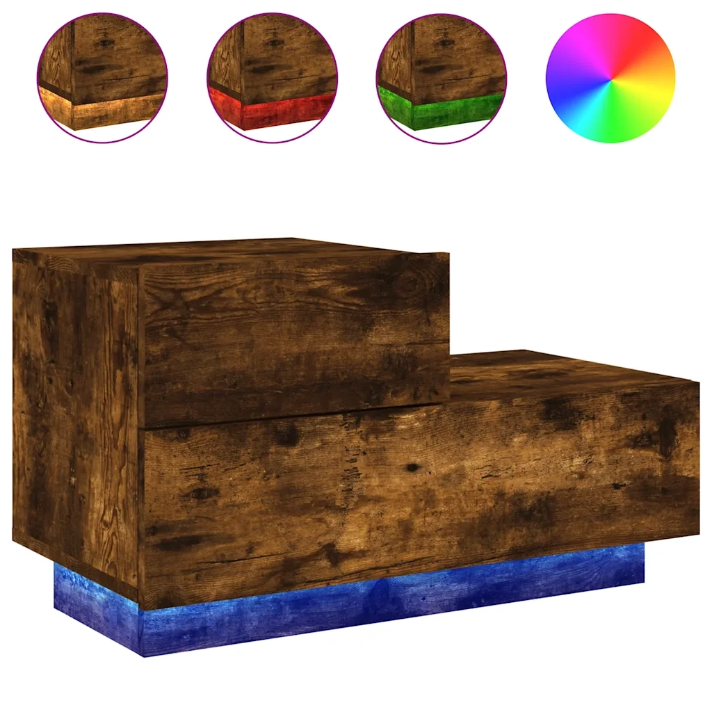 Comodino con Luci LED-Tavolino da notte Rovere Fumo 70x36x40,5 cm