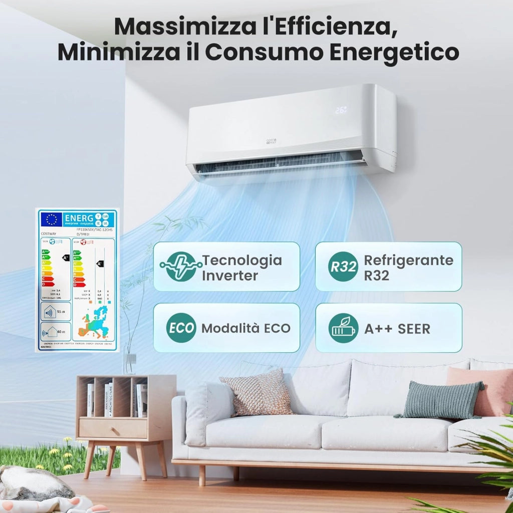 Climatizzatore Monosplit, Condizionatore Split con Pompa di Calore, Tecnologia Inverter, Flusso d’aria 4D con 8 Velocità, Funzione di Autopulizia e Timer di 24 ore (12000BTU, 3,4kW)
