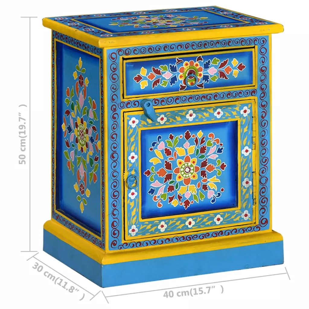 Comodino in Legno Massello di Mango Turchese Dipinto a Mano 244834