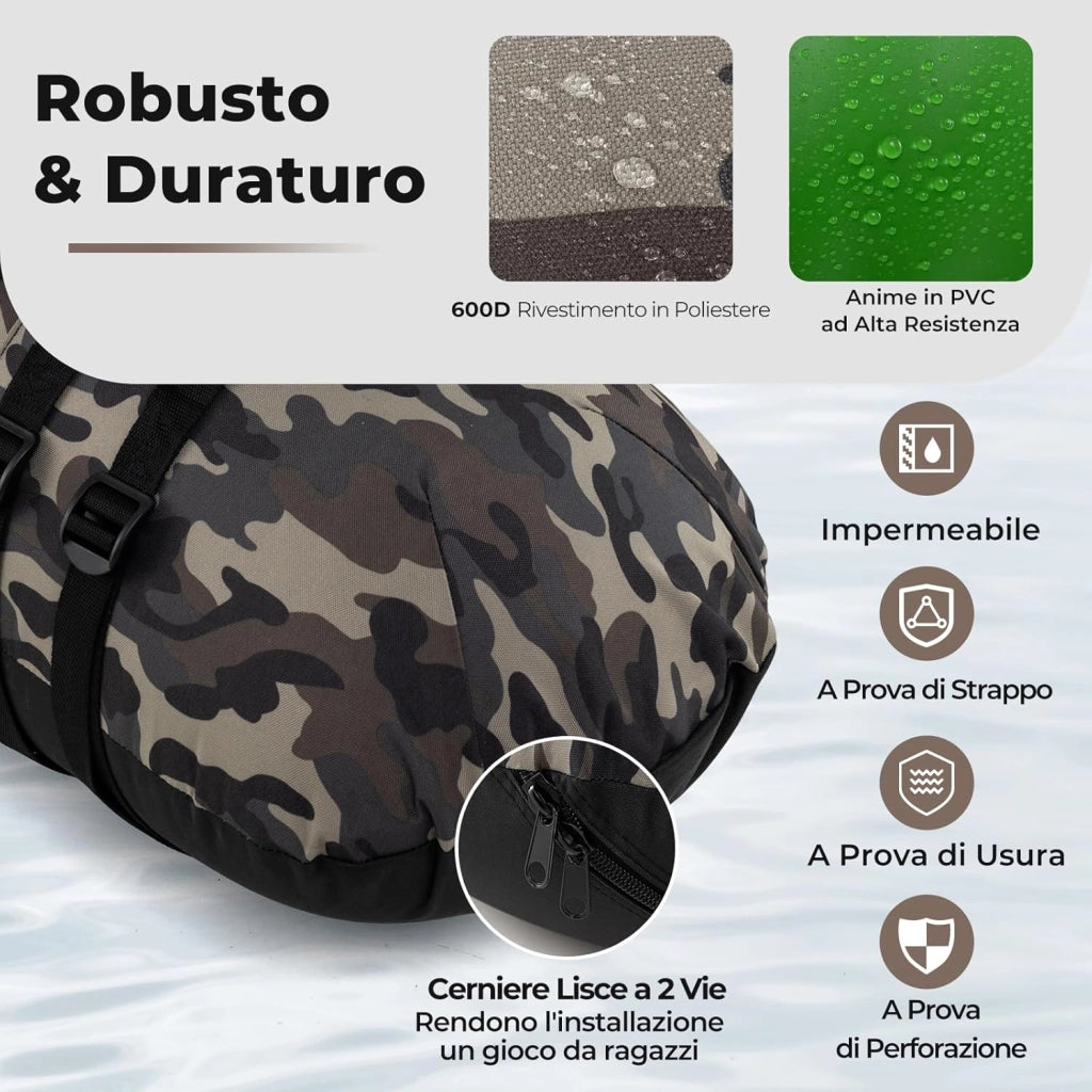 Barca Gonfiabile da Pesca, Belly Boat Portatile con Portacanna Regolabile, Supporto per Ami, Pagaia in Alluminio, Pinne, Pompa e Kit di Riparazione, Portata 150 kg