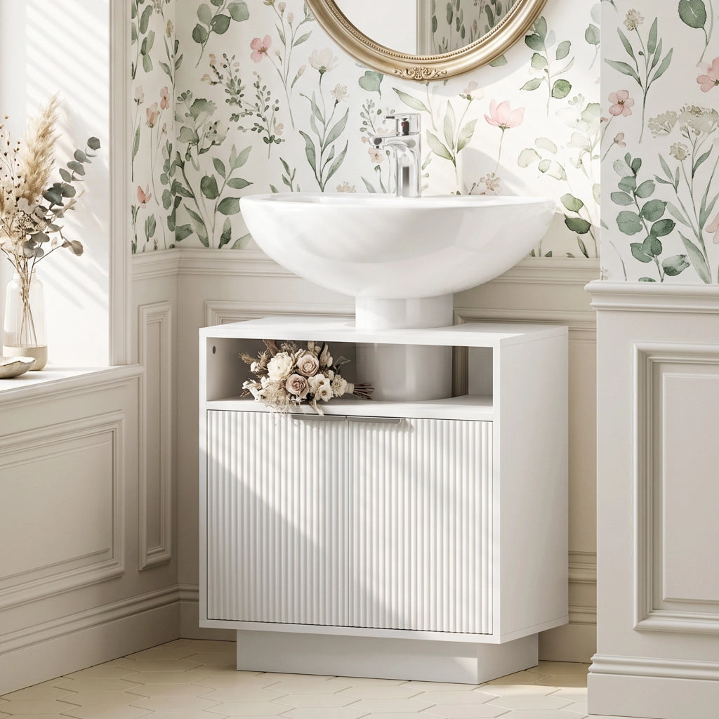 Mobiletto Sottolavabo con 2 Ante e Compartimento Aperto ¨C Zephmum ¨C Bianco 60x33x63 cm