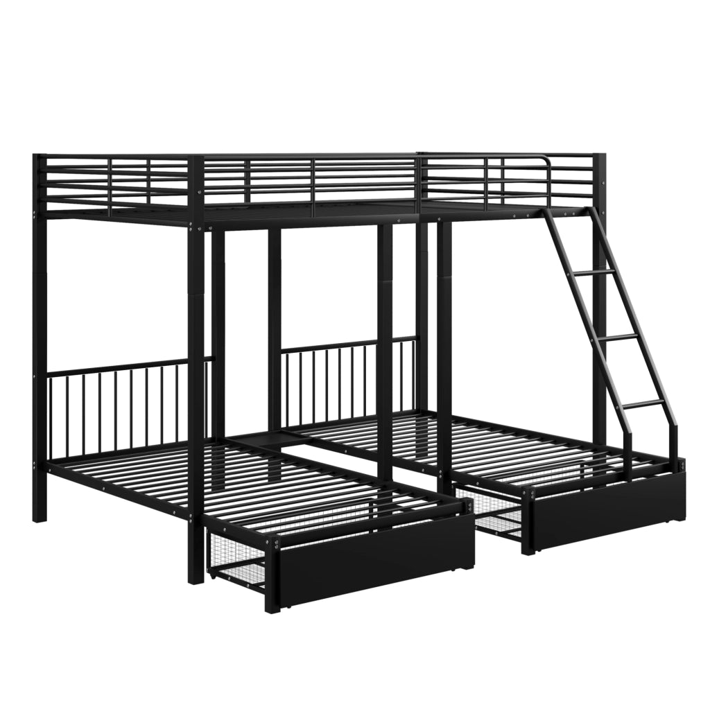 Letto a castello triplo trasformabile con cassetti; 140x200 cm + 2 letti 90x200 cm; metallo nero