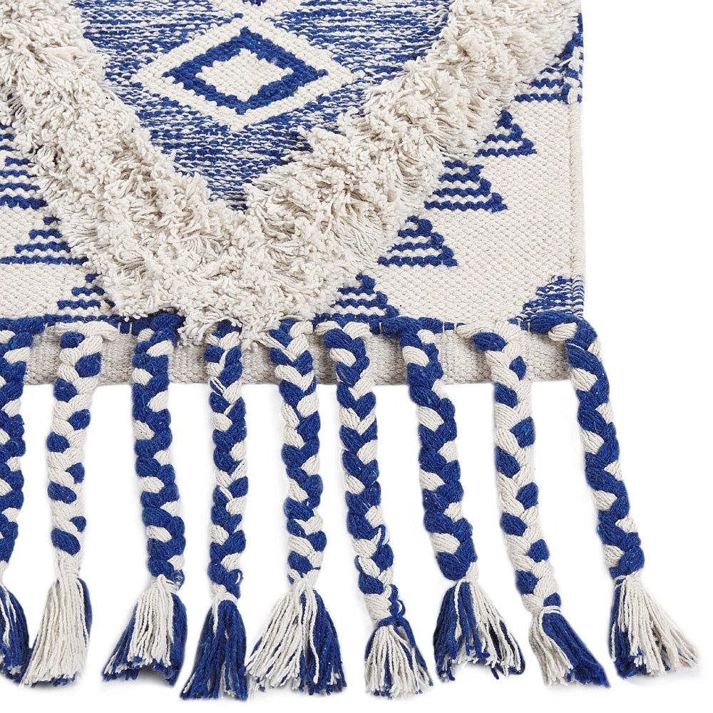 Tappeto in cotone con nappe di colore beige e blu 140 x 200 cm soggiorno camera da letto