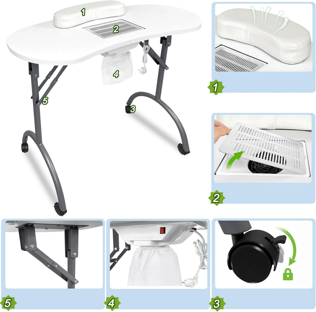 FIVMEN Tavolo per manicure con aspirazione e cuscino per le mani, pieghevole, per manicure, per manicure, per manicure, per manicure e per la casa, colore: bianco