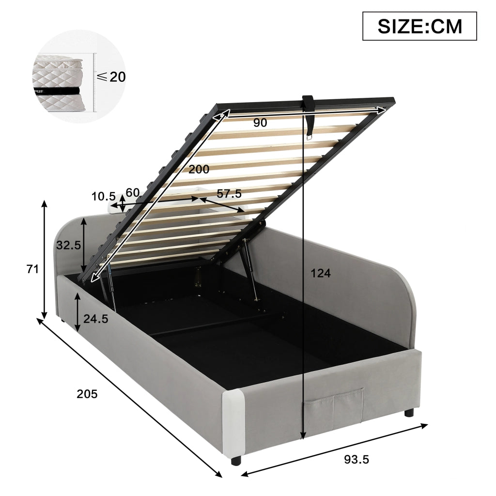 OKWISH Letto Combinato 90×200 cm ×2, Letto Doppio per Bambini con Vano Contenitore Idraulico, Tasca Portaoggetti e Spondina Imbottita, senza Materasso, Grigio