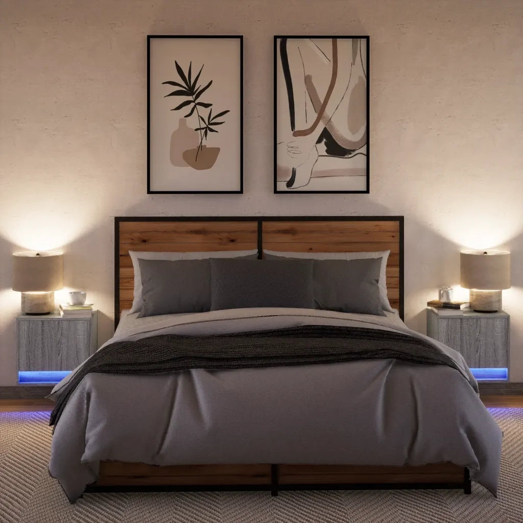 vidaXL Comodini a Parete con luci LED 2 pz Grigio Sonoma
