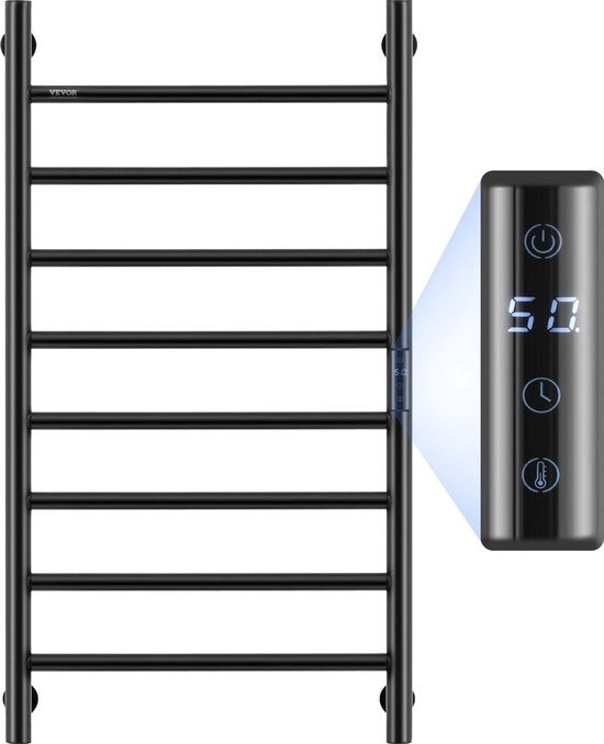 Asciugamano Elettrico a Stagno - 8 Stanghe - Nero - Elettrico - Riscaldamento - in 5-10 minuti a 55°C - Timer - Acciaio Inossidabile - Montaggio a Parete