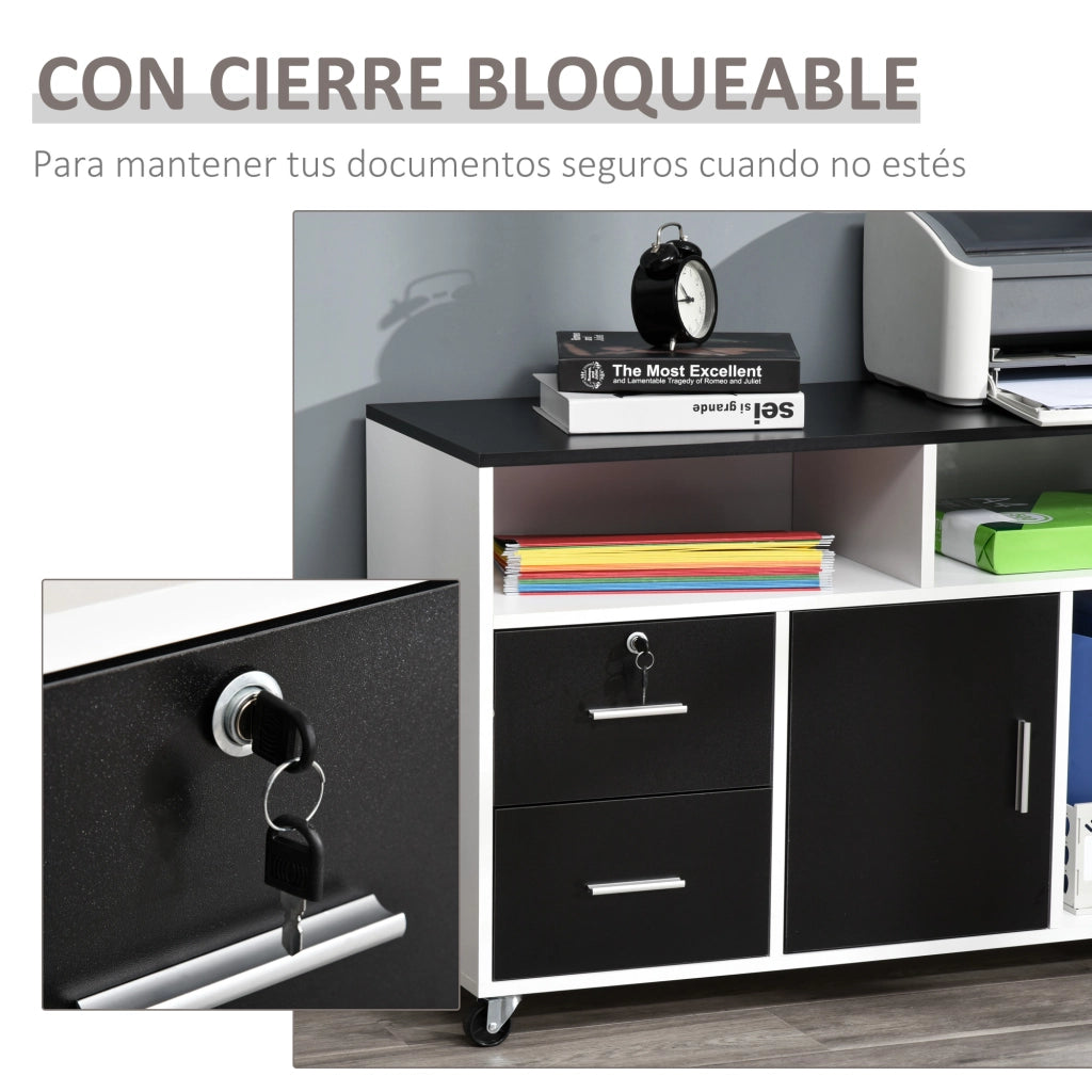 Scrivania con cassetti e ripiani rotelle ¨C zephmum ¨C nero bianco 100x35x65 cm