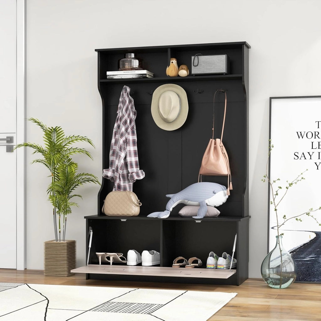 Appendiabiti con Panca da Scarpe, Armadio con Panca Portaoggetti e 5 Ganci e Scomparti, Mobile d'Ingresso Moderno per Corridoio, Camera da Letto, 100x40x160 cm (Nero)