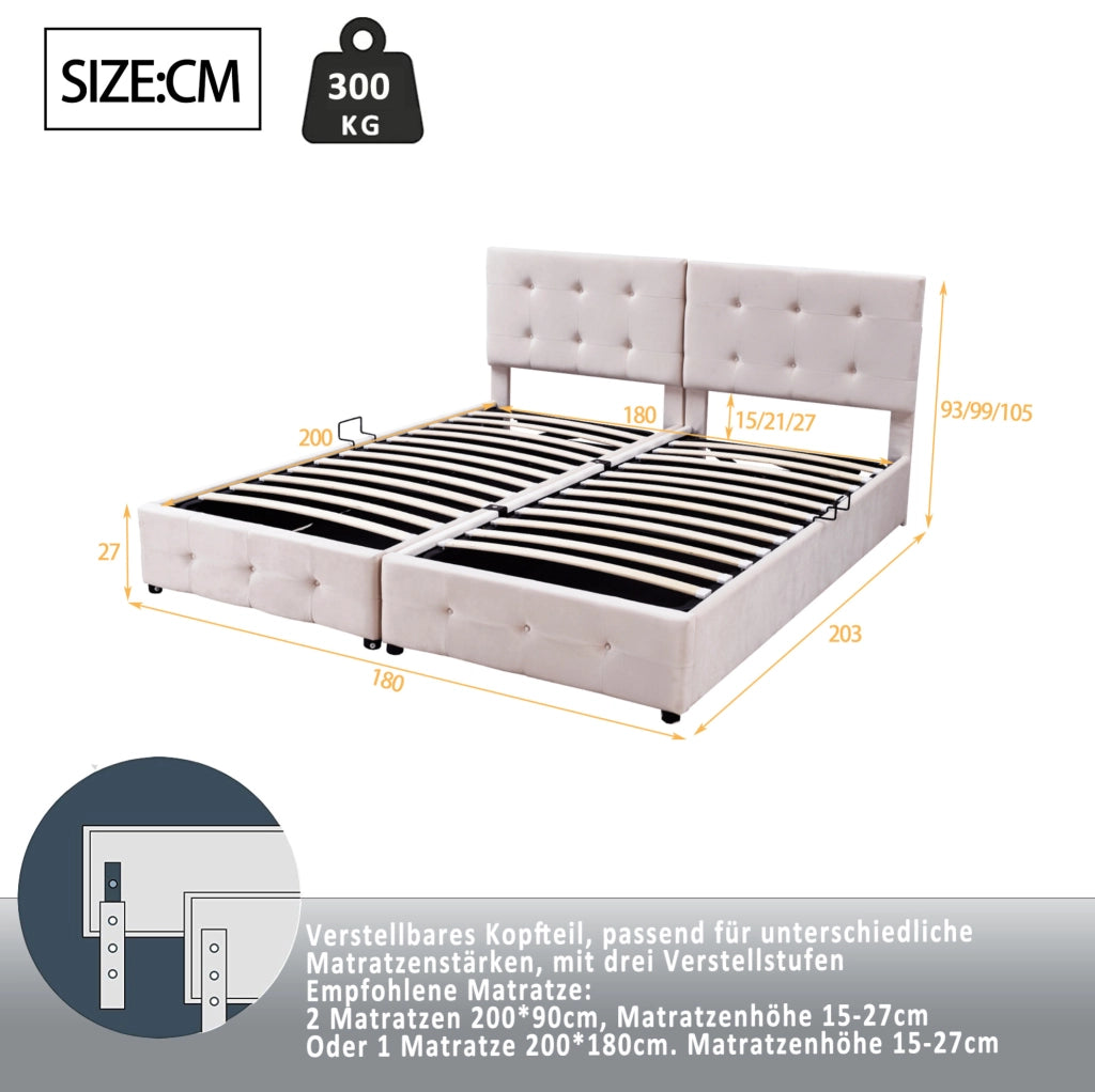 Letto matrimoniale 180x200 cm con contenitore idraulico e testiera regolabile; beige