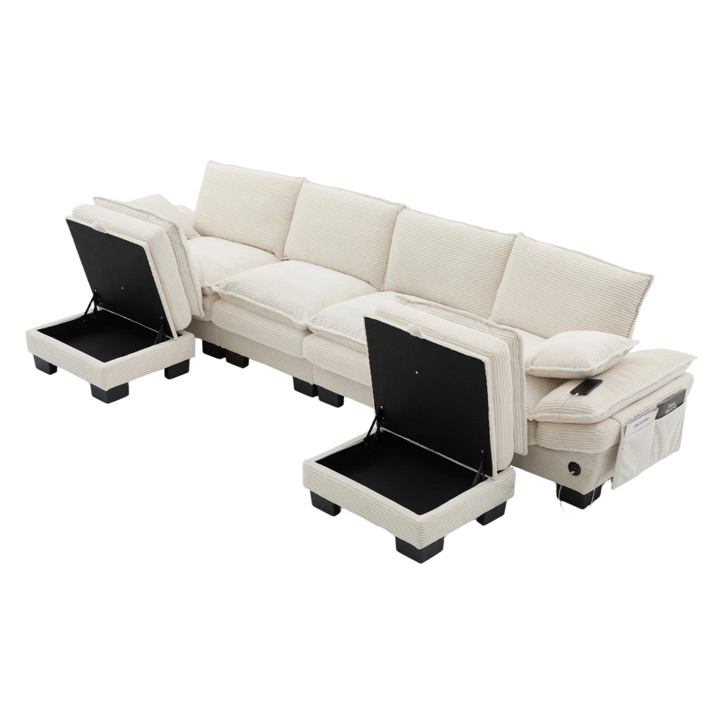 Divano 4 Posti con 2 Poggiapiedi in Tessuto a Coste ¨C MINIMAL ¨C Beige, Cuscini, Braccioli