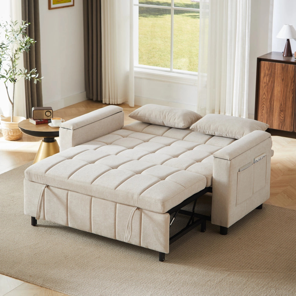 Divano letto 2 posti estraibile con contenitore nei braccioli e tasche laterali in ciniglia beige