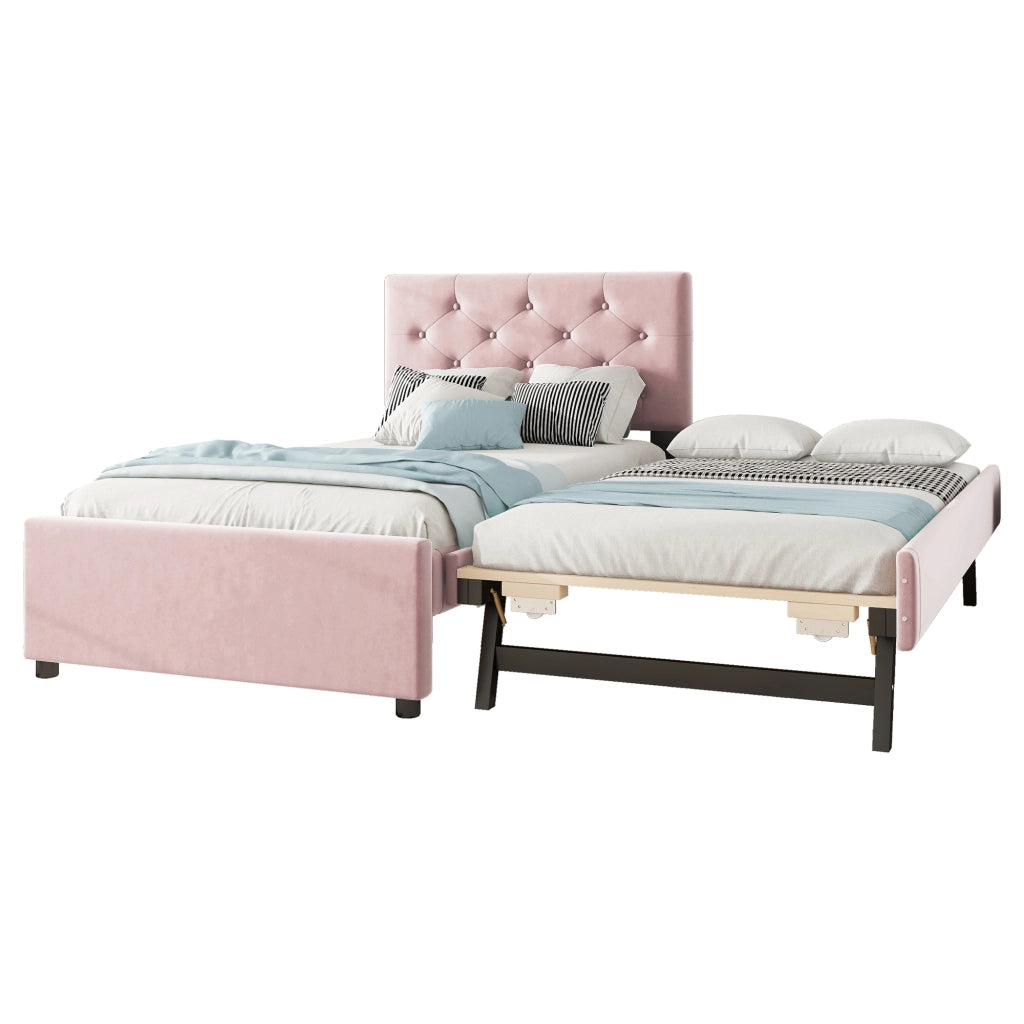 OKWISH Letto a scomparsa 90×200 cm, Letto Singolo con Letto Estraibile reversibile, Testiera con Bottoni e Rete, senza Materasso, Velluto, Rosa