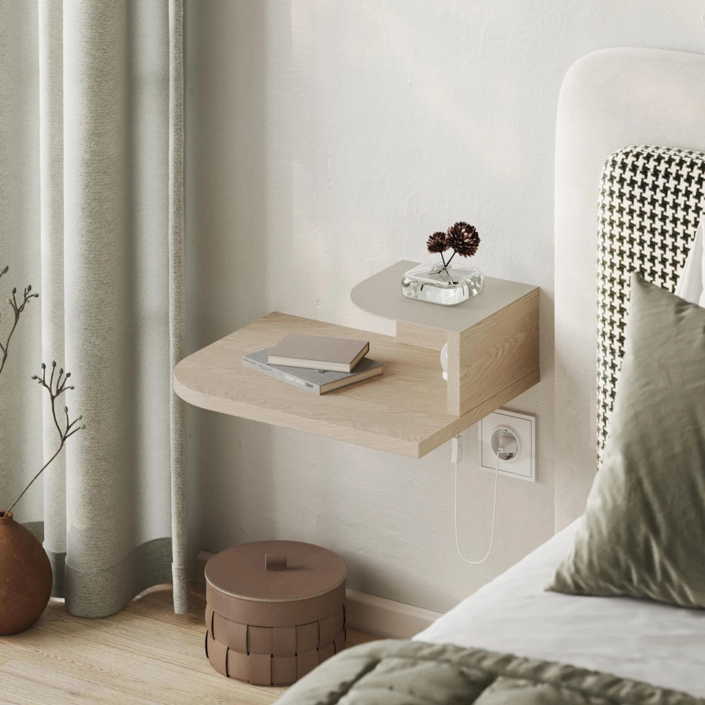 Comodino "Luno" con lampadina in legno - 40 x 30 x 16 cm - Crema