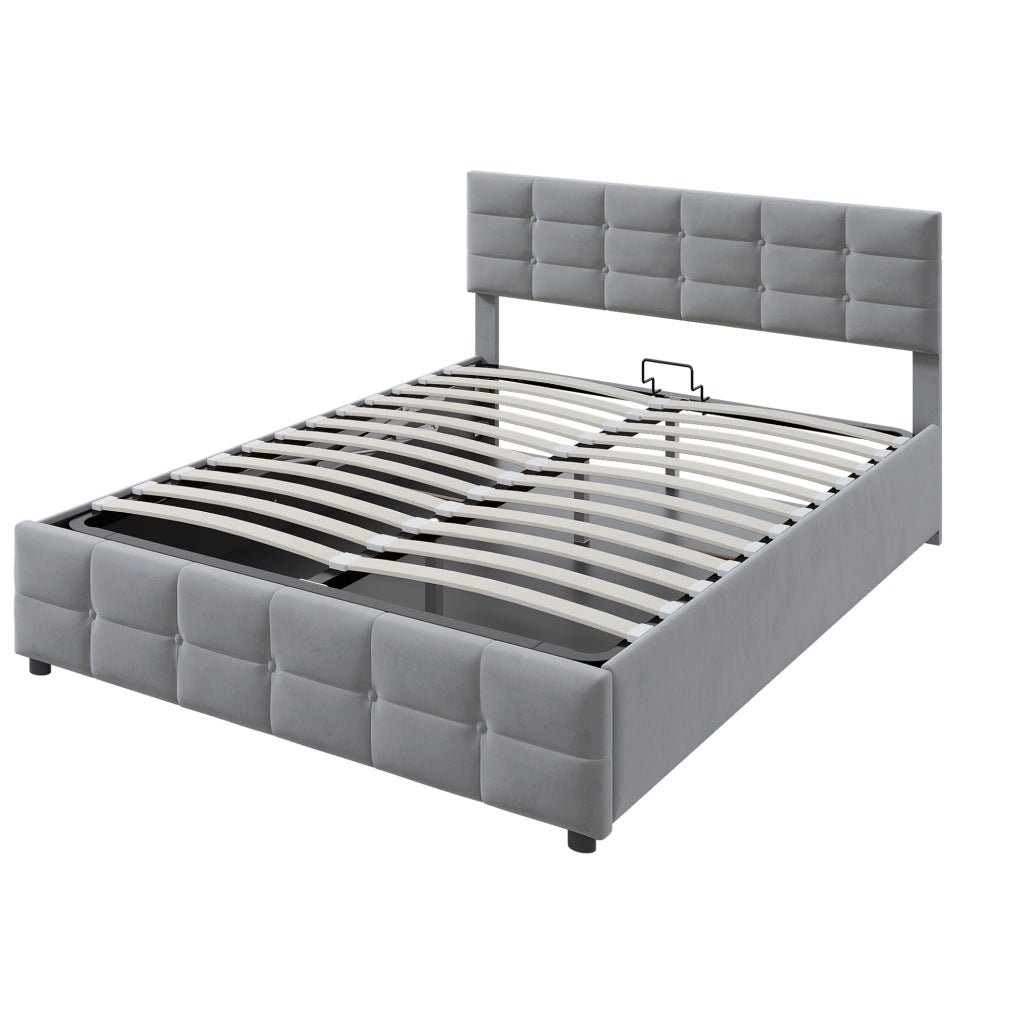 Letto imbottito modulare 180x200 cm con rete a doghe e sollevamento idraulico; velluto grigio