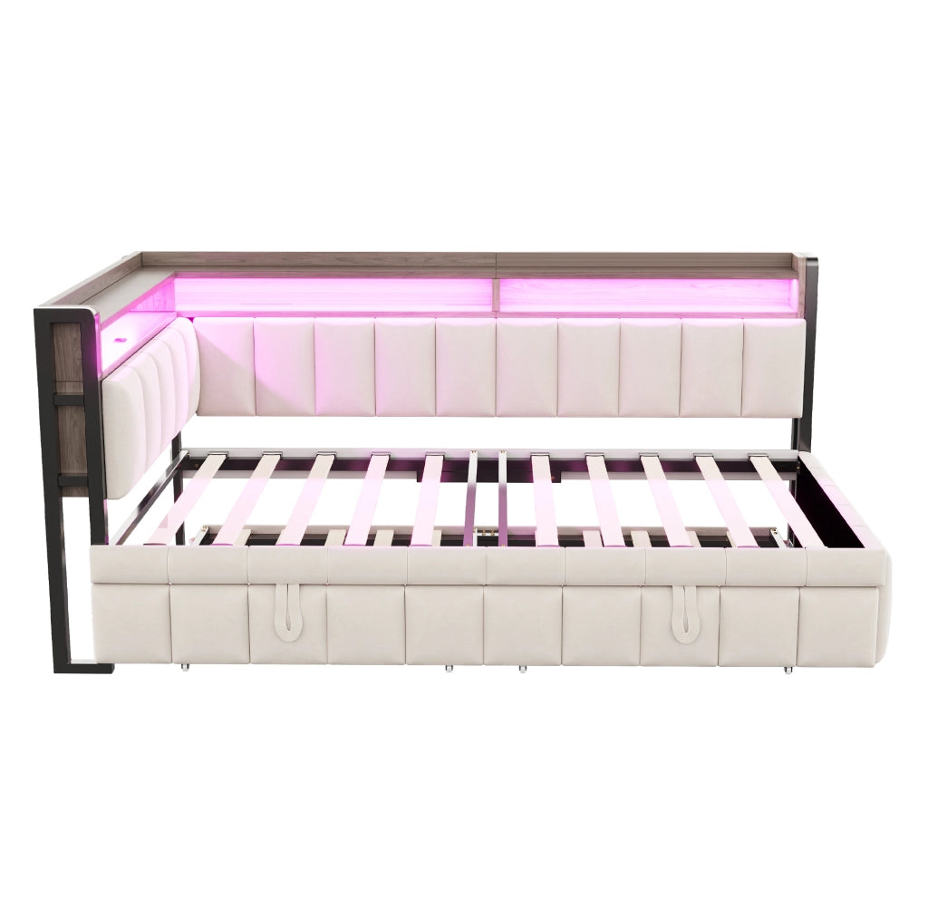 Divano letto multifunzionale 90x200 cm in velluto beige con letto estraibile; LED e USB